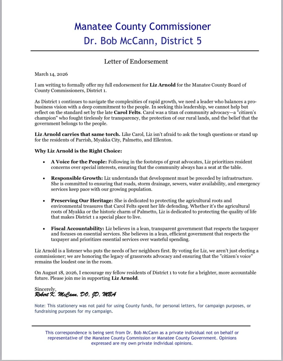 Dr. Robert McCann endorses Liz Arnold for District 1 Commissioner!